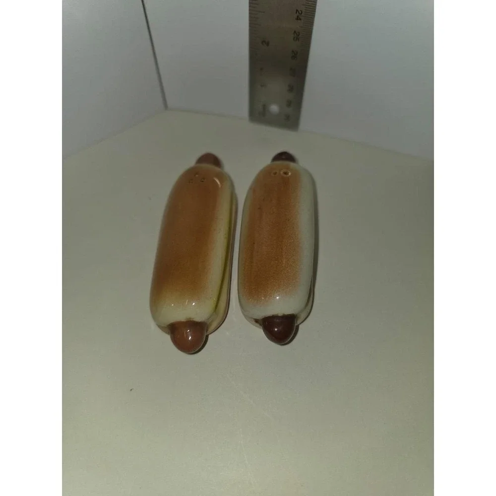 vintage Virginia Ann Ceramics salt and pepper shakers shaped like hot dogs